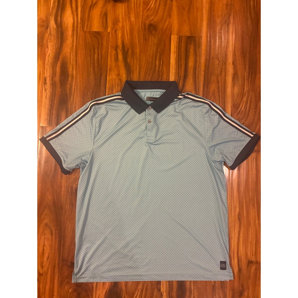 PGA Tour Mens‎ XL Blue Geometric Golf Polo Shirt Short Sleeve Striped Shoulder